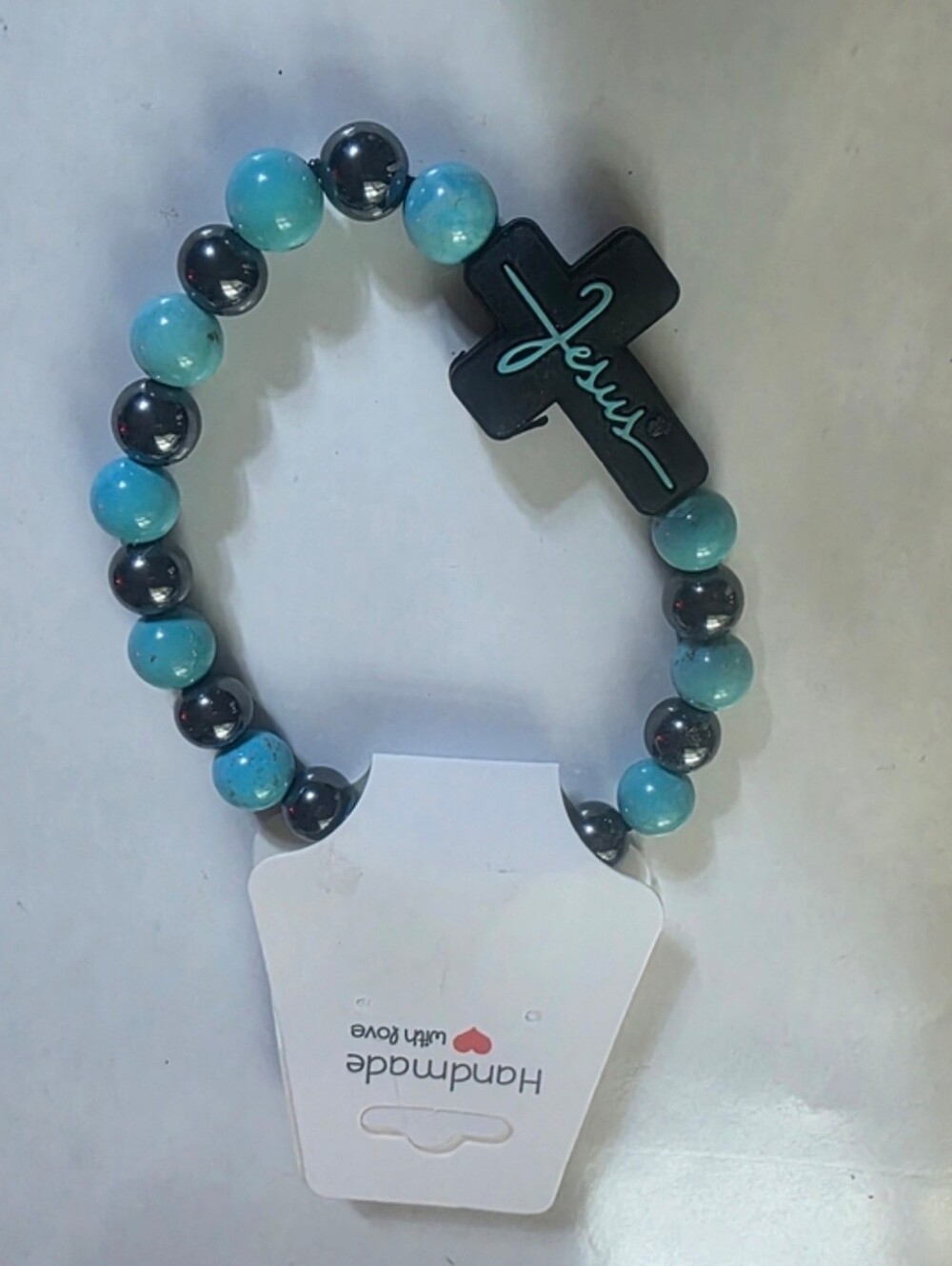Handmade Turquoise & Hematite Beaded Bracelet with Cross